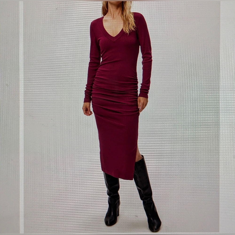 Michael Stars Made in USA Red Nova Cotton Modal Bodycon Midi‎ Dress Long Sleeve
